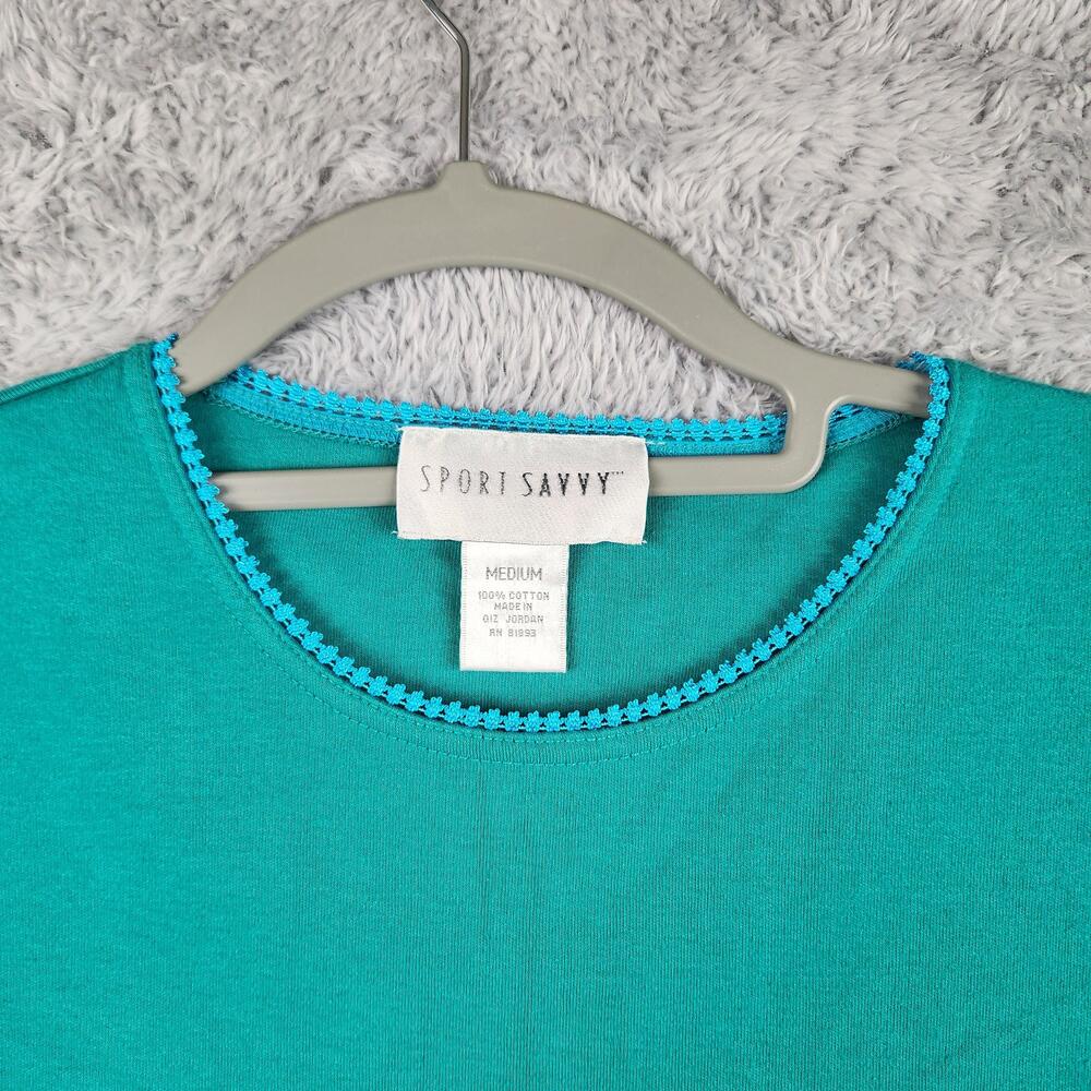 Vintage Sport Savvy Shirt Womens Medium Green Crochet Trim Boho 90s Y2k Layer